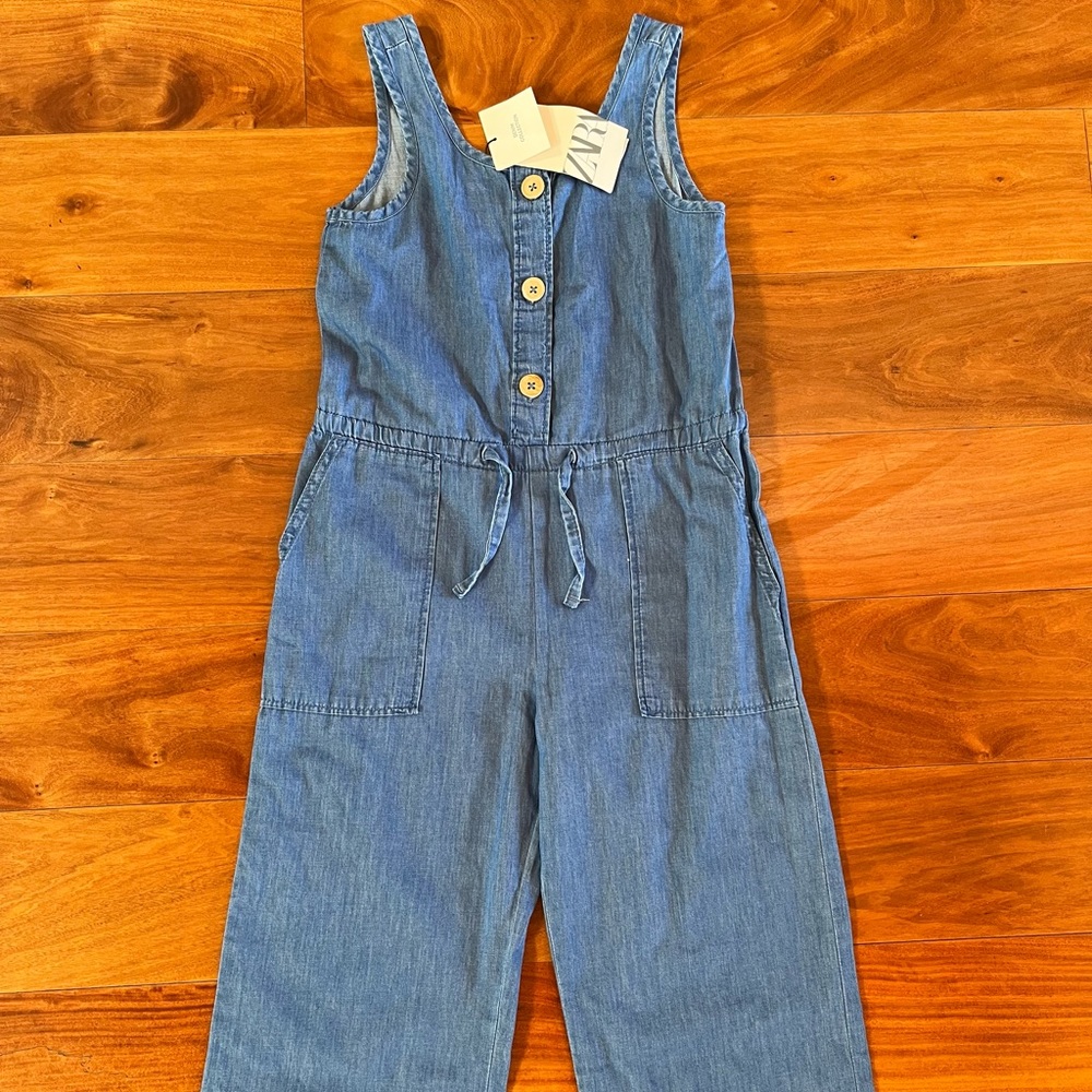 Zara Kids Soft Denim Jumpsuit Romper front pockets drawstring waist Girls 6